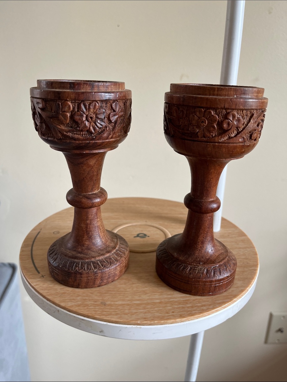 Hand-Carved Wooden Candle Holders - Brown